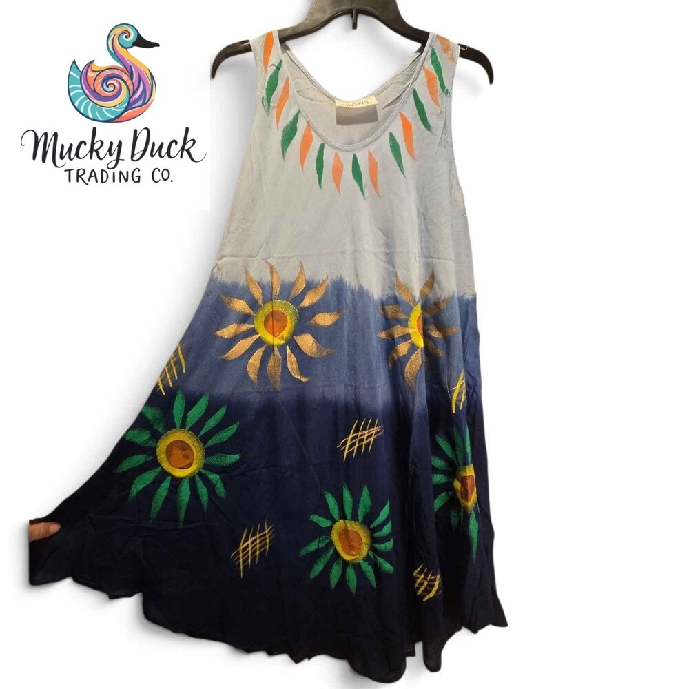 Blue Ombre Tie-Dye Hand Painted Sunflower Sleeveless Boho Indian Dress One Size